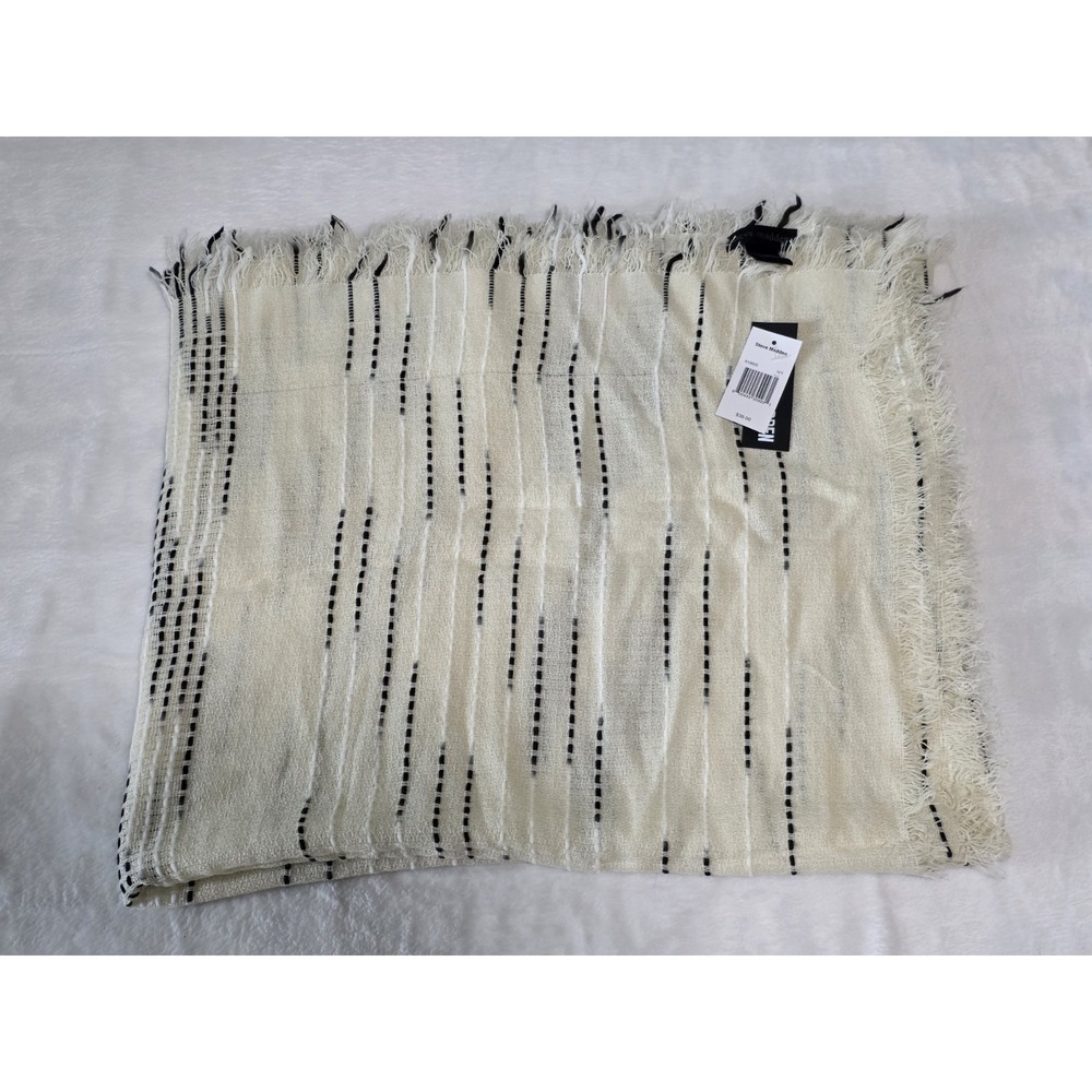 Steve Madden beige throw blanket with black striped details and frayed edges NWT